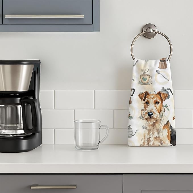 Caroline's Treasures Wire Fox Terrier Coffee Bar Kitchen Towel Velour Plush Front and Cotton Loop Back Machine Washable