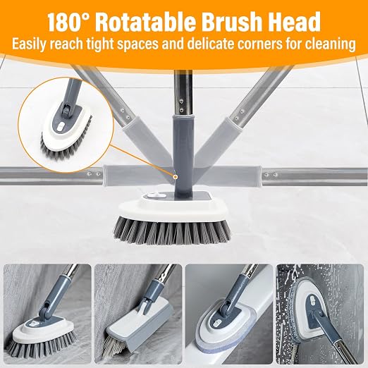 4 in 1 Tile Shower Cleaner Brush, Long Handled Scrub Brush for Shower with Adjustable Long Handle Floor Scrub Brush for Cleaning Bathroom/Shower/Tub/Tile/Kitchen/Glass/Wall