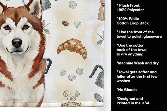 Caroline's Treasures Red and White Alaskan Malamute Coffee Bar Kitchen Towel Velour Plush Front and Cotton Loop Back Machine Washable