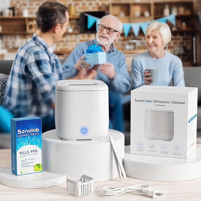 Sonolab Ultrasonic Retainer Cleaner Machine with Removable Tank and Cleaning Tablets, 45kHz Sonic Dental Cleaning Pod, 240ml Large Capacity Ultrasonic UV Cleaner for Dentures, Aligners, Mouth Guards