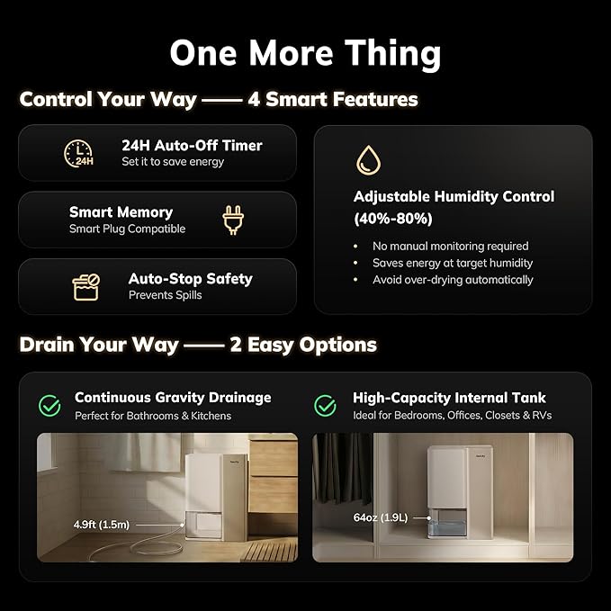 AEOCKY Small Dehumidifier with Drain Hose,64oz Water Tank,Next-Gen Thermoelectric Tech, for Small Space (Not for Basements),for Home,Bedroom,Bathroom,Closet,RV,24H Timer,Intelligent Humidistat,Quiet
