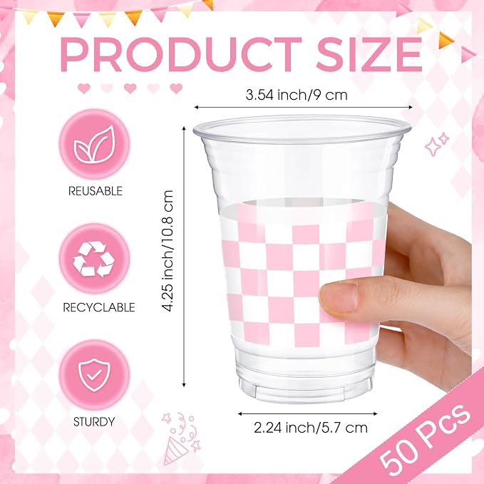 SiliFine 50 Pcs 12 oz Pink Checkered Plastic Cups Clear Disposable Gingham Plaid Party Cups for Racing Theme Birthday Wedding Baby Shower Party Decorations