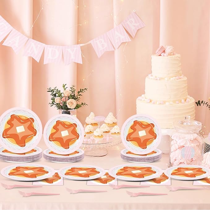 96Pcs Pancakes and Pajamas Paper Plates and Napkins Pajama Brunch Birthday Party Decoration Girls Pink Night Sleepover Dessert Plates Spa Party Cake Tableware Set for 24 Guests Slumber Party Supplies
