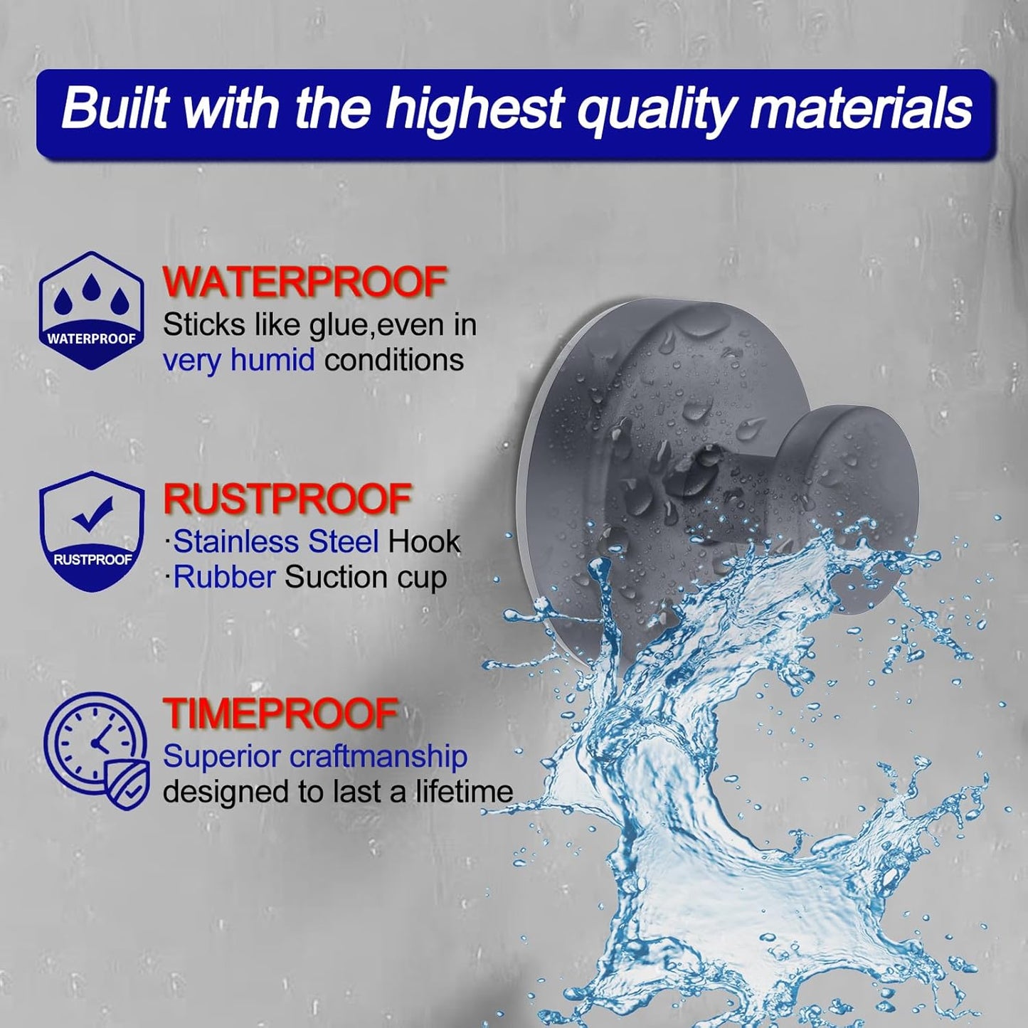 Suction Cup Hooks for Shower, Removable Towel Hooks for Bathroom Window Glass Door Wall, Bath Robe Looafh Hook for Hanging - 2 Pack, Grey