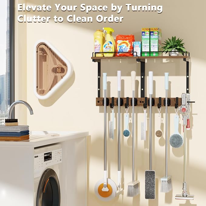 Mop Holder Wall Mount with Cleaning Supplies Organizer, Wood Mop and Broom Hanger Rack Organizer with Anti-Fall Wall Shelf with 5 Clips & Hooks for Garage Laundry Room Kitchen (Brown)