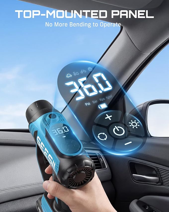SEESII Cordless Tire Inflator Portable Air Compressor, 21V 150PSI Fast Inflation Handheld Air Pump with 20000Pa Vacuum, Dual Rechargeable Battery, Auto Shut Off, Digital Gauge, LED Light for Car, Bike