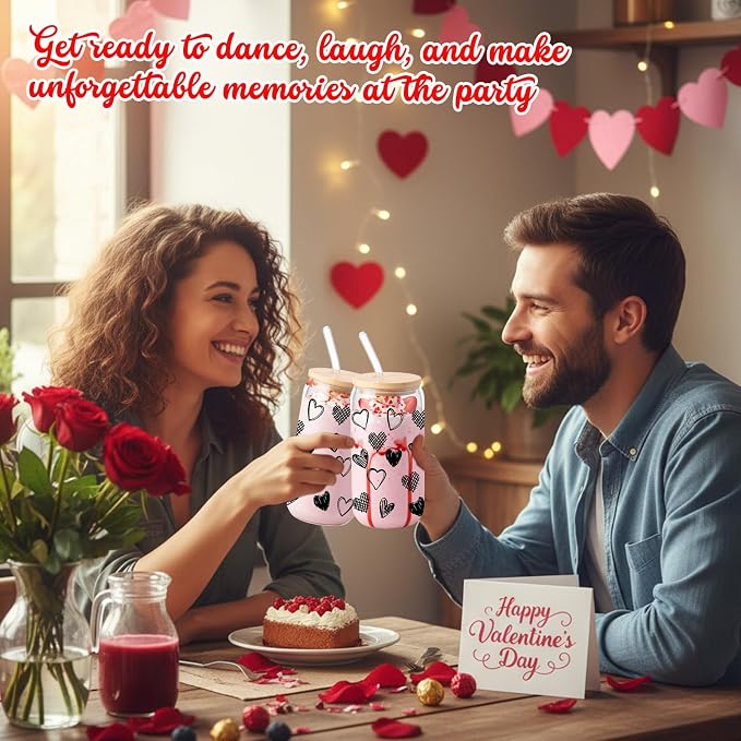 Sliner 2 Pcs Heart Glass Cups Iced Coffee Tumbler with Lid Straw 16 oz Drinking Glasses Cute Beer Can Tumbler Holiday Gifts for Home Office Decorations