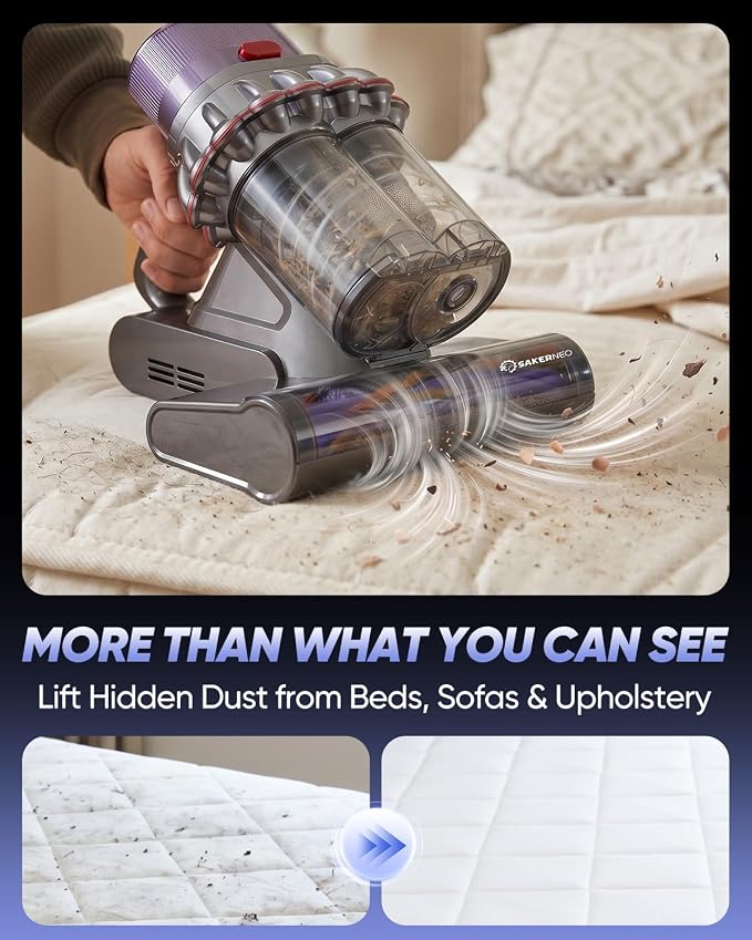 SAKERNEO Powerful Bed Vacuum Cleaner with Digital Display, 5-Cyclone Filtration, 14kPa Strong Suction, HEPA Filter, Handheld Vacuum for Mattress, Carpet, Sofa and Pet Hair