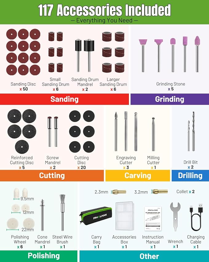 PHALANX Cordless Rotary Tool Kit, 30000 RPM/5 Speed, 8V Engraving Pen with 117 Accessories, Type-C Charging&LED Light, for 3D Printer Sanding, Polishing, Engraving, Wood Carving, Pet Grooming, Crafts