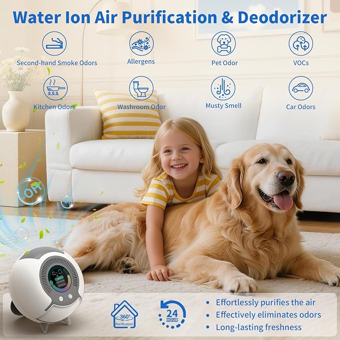Filterless Air Purifier for Pets – Small Portable Water Ion Air Ionizer for Pet Odors, Smell & Smoke, Quiet Pet Odor Eliminator Air Purifier for Small Spaces Bedroom Bathroom Car, White