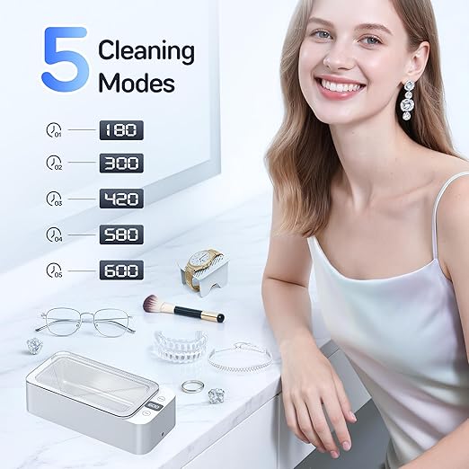 Ultrasonic Jewelry Cleaner,50Khz Ultrasonic Cleaner Machine,17oz 316SUS Tank,5 Cleaning Modes,Suitable for Jewelry, Eyeglasses, Rings, Watch Bands, and Dentures (White)