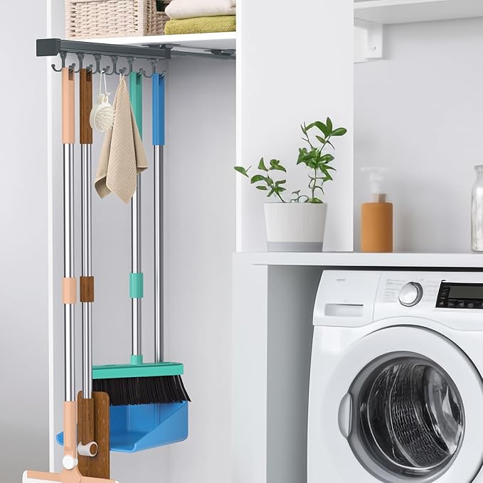 Pull Out Broom Holder, Multifunctional Slide Broom And Mop Storage/Organizer With Adjustable Double Row Sliding Hook, Garage Organization Hooks, for Closet Laundry Garage - Dark grey - 36cm