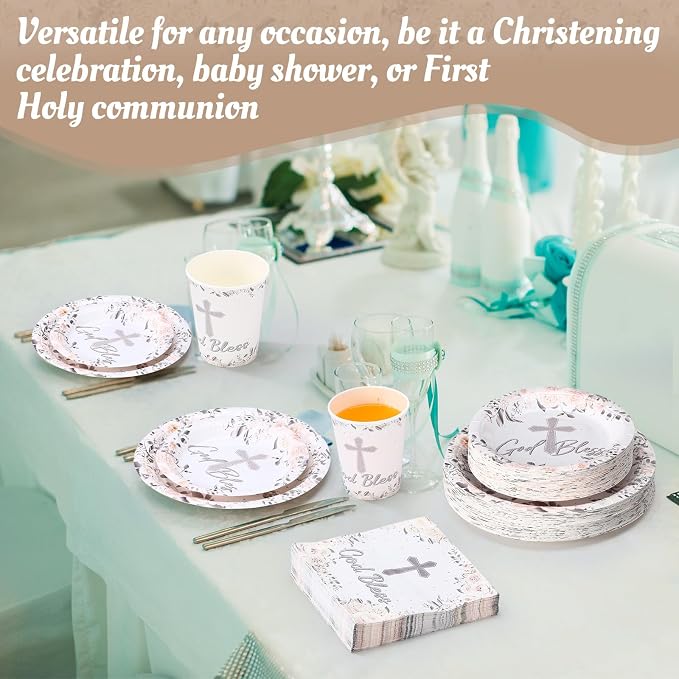 Pickmesh 250 Pcs Silver Baptism Cross Disposable Tableware Set Confirmation Baptism Disposable Paper Plates Napkins Cups for First Holy Communion Christening Baby Shower Religious Supplies, Serve 50
