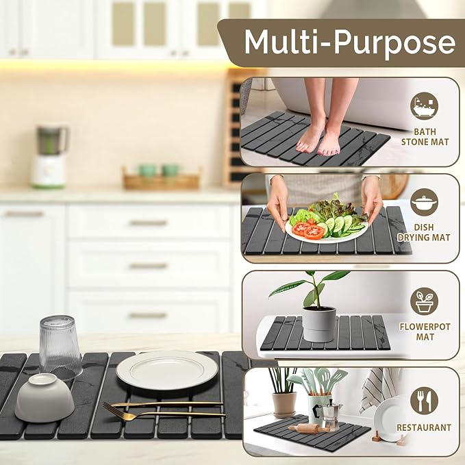 Large Stone Dish Drying Mat for Kitchen Counter, 2PCS Quick Dry Stone Dishes Mat,Foldable Water Absorbing Diatomaceous Drying Organizer Pad for Plates Rack Bottles Utensils(Dark Gray 24"×16" & 8"x4")