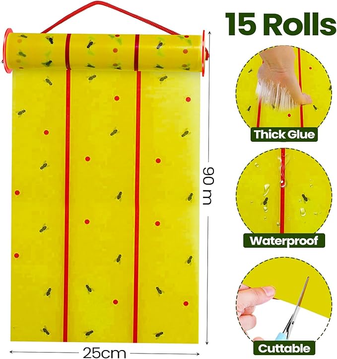 Qualirey Giant Sticky Fly Traps, Fly Strips for Indoor Outdoor Hanging Flying Tapes Non Toxic Ribbon Fruit Gnat Killer for Mosquito Plants House Horse Stable(30 ft,Yellow,15 Pcs)