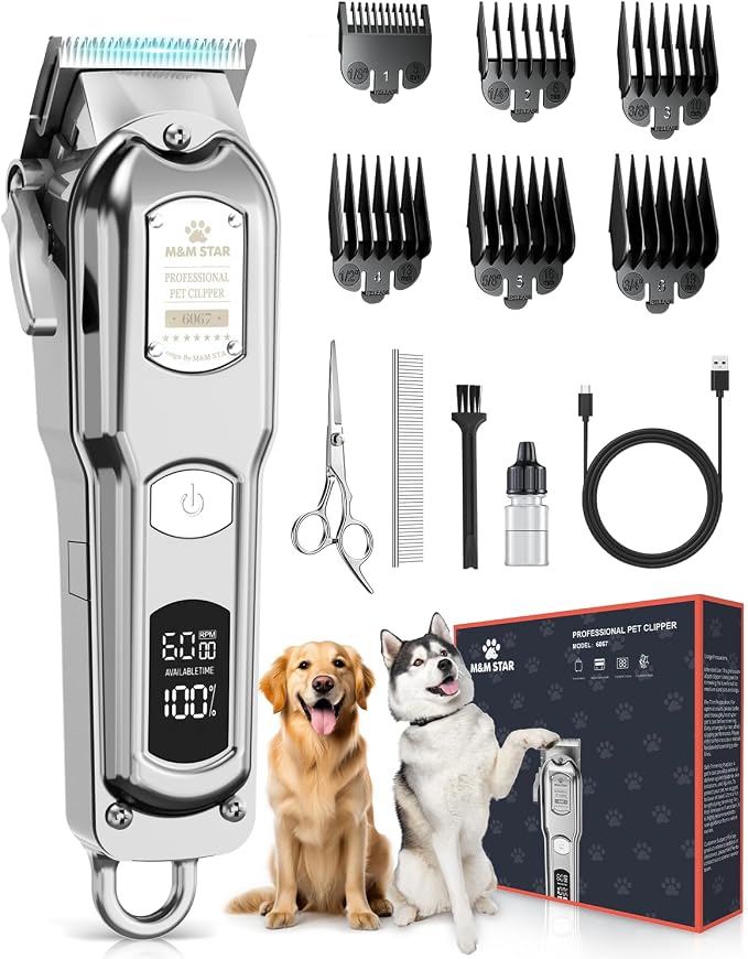 M&M STAR Dog Clippers for Grooming Thick Heavy Coats, All-Metal Body Low Noise Cordless Rechargeable Dog Hair Trimmer, Stainless Steel Blade, Professional Pet Grooming Kit for Dogs & Cats (Silver)