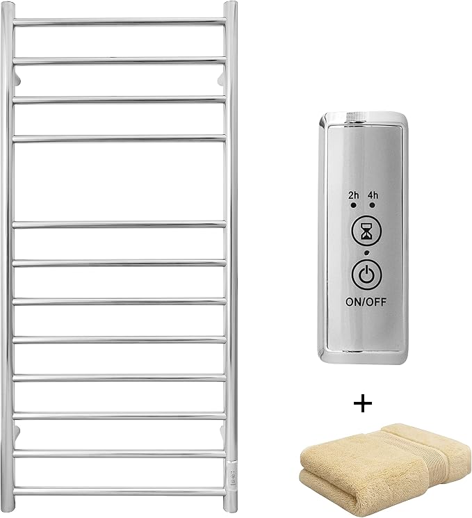 KEG Towel Warmer Wall Mounted with Built-in Timer 12 Bars Electric Stainless Steel Heated Towel Racks for Bathroom, Hot Plug-in Bath Towel Heater Polish Chrome
