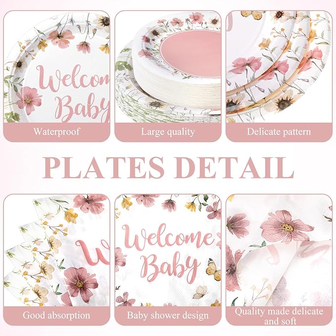 Pickmesh 250 Pcs Pink Floral Baby Shower Party Supplies Decorations Serve 50 Wildflower Welcome Baby Disposable Paper Plates Napkins and Cups for Birthday Babies Girl Shower Gender Reveal Party Decor