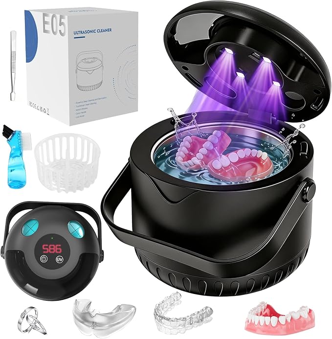Ultrasonic Retainer Cleaner Machine, Upgraded Handle Design, 45kHz Dentures, Night Guards, Aligners & Jewelry, Digital Timer Deep Cleaning