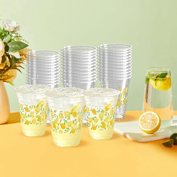 100 Pack Lemons Plastic Cups 16 oz Yellow White Fruit Flower Disposable Cup Clear Lemons Summer Spring Party Favor Drinking Cold Beverage Cup for Party Supplies Decorations