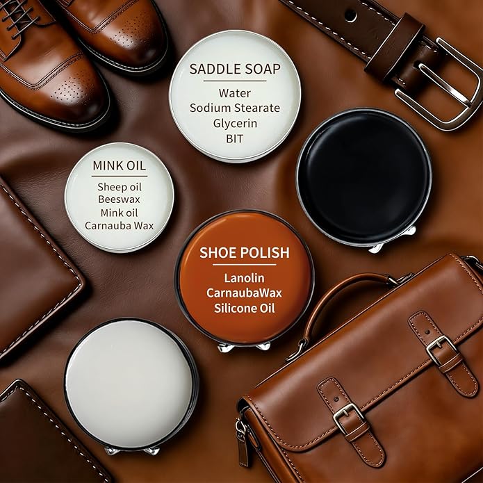 IKI Shoe Polish & Shine Kit - 12 PCS Leather Boot Care Kit with Shoe Polish, Saddle Soap, Mink Oil, Shoe Shine Sponge, Horsehair Shoe Brush, Suede Cloth, Shoe Horn & Storage Bag – Gift for Men & Women