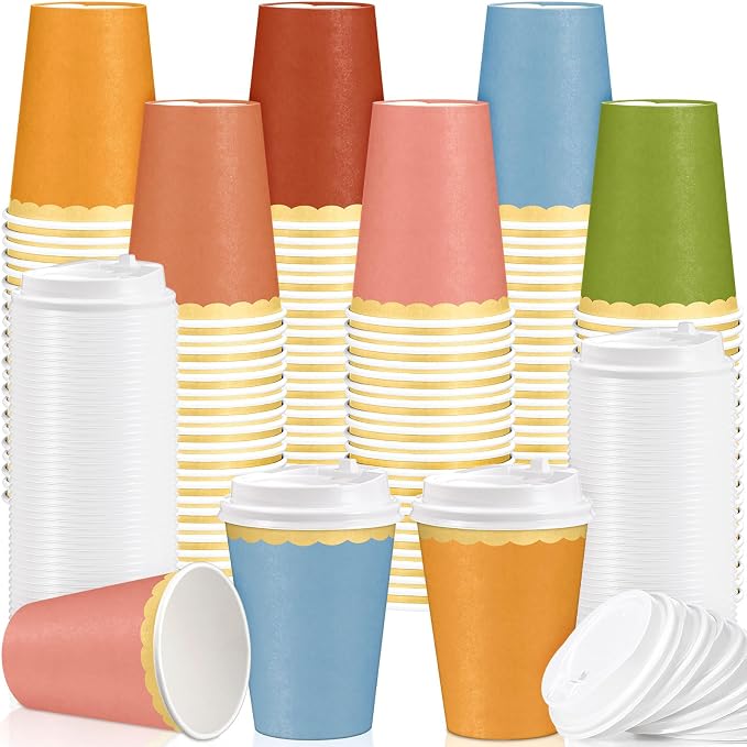 Willinglong 60 Pcs Fall Disposable Paper Cups with Lids 12oz Thanksgiving Coffee Cups with Golden Lace Drinkware for Birthday Baby Shower Bride Holiday Party Business Events DIY Supplies(Boho Colors)