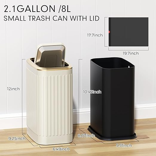 Bathroom Trash Can with Lid 8L/2.1 Gallon Beige Trash Can Small Garbage Can with Swing Top Lid Slim Stainless Steel Garbage Can with 100 Counts Trash Bags for Bathroom Bedroom Kitchen Office Toilet