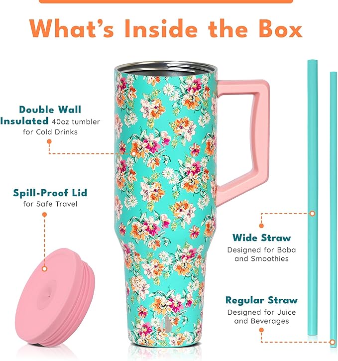Elemental 40 oz Tumbler with Handle and Straw - Spill Proof Insulated Stainless Steel Commuter for Cold Beverages - Travel Coffee Mug with 2 Straws & Spill Proof Lid - 40oz - Vintage Flower