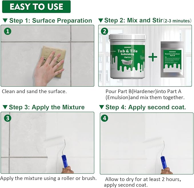 NADAMOO Tub and Tile Refinishing Kit (1kg / 35 oz, with tools), Bathtub Sink Countertop DIY Paint Kit for Bathroom Kitchen Porcelain Fiberglass, Semi-gloss White Coat