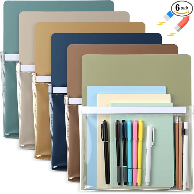 6 Pcs Magnetic File Holder Paper Holder Magnetic Pen Dry Erase Marker Organizer Magnet Pocket Pouch for Whiteboard Refrigerator, 12 x 9.5 in (Morandi)