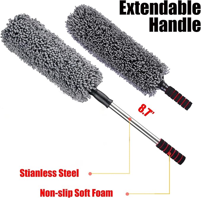 4Pcs Car Duster Kit, Multipurpose Dense Microfiber Duster for Car Exterior & Interior Cleaning, Dashboard A/C Vents Detailing Brush, Scratch Free Lint Free, Extendable Handle