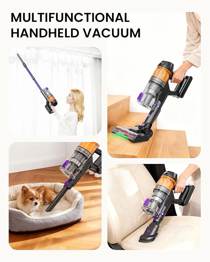 Cordless Vacuum Cleaner, 500W Vacuum Cleaners for Home Pet Hair, 60Mins Cordless Stick Vacuums with LED Display, Anti-Tangle, Lightweight Vacuum for Hard Floors, Carpet,Purple