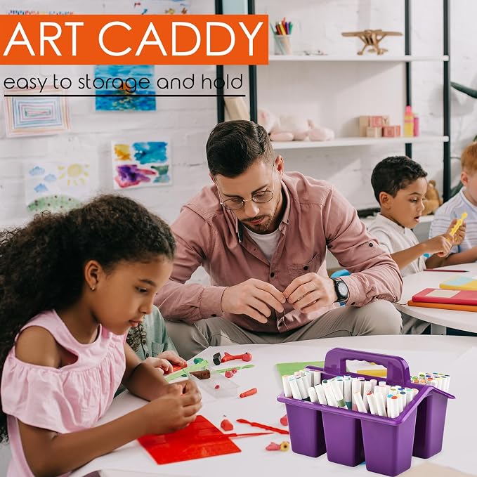 ALINK Classroom Caddy Storage Basket with Handle, 6 Pack Plastic Arts Office Crafts Caddy 4 Compartments for Kids, Pencil, Crayon, Marker, School Supplies, 6 Colors