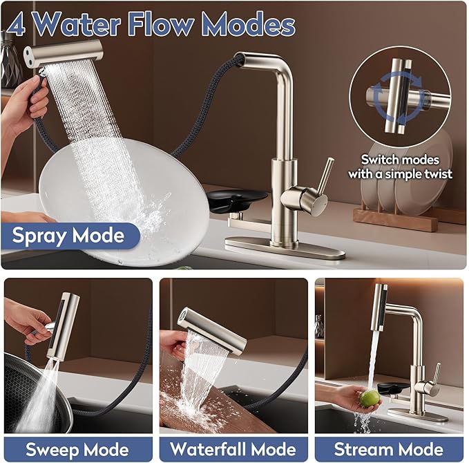 SINGSUO Pull Down Kitchen Faucet with Glass Rinser, 4 Spray Modes Kitchen Faucets with Pull Out Sprayer & Cup Washer, High Pressure Single Handle Bar Sink Faucet 1 or 3 Hole