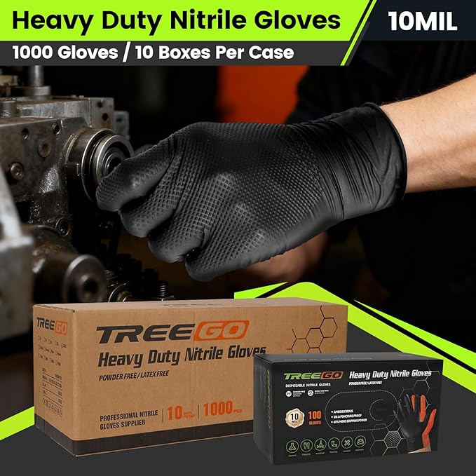TREEGO 10 Mil Black Nitrile Gloves Bulk Case, 1000 Count Medium — Heavy Duty Diamond Grip, Latex Free Disposable Gloves for Automotive, Industrial, Warehouse & Shop Use