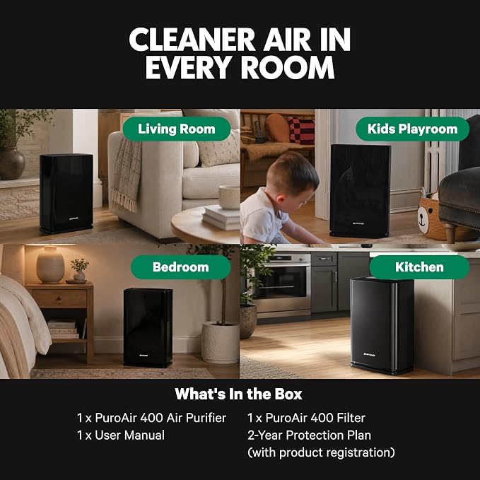 PuroAir 400 HEPA Air Purifier Large Room Air Cleaner up to 2,000 Ft² - HEPA CarbonTech Filter up to 500X Stronger - Air Quality Sensor, Auto & Quiet Sleep Modes - Air Purifiers for Large Rooms