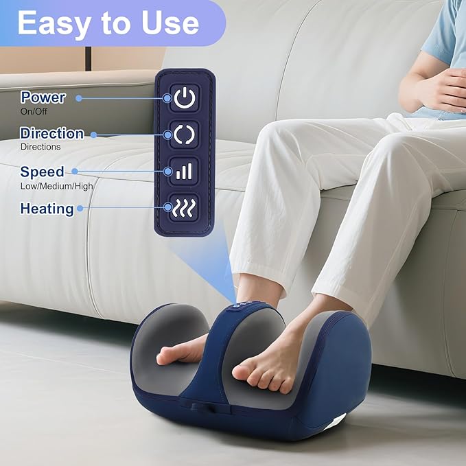 Foot Massager with Heat, Electric Foot and Calf Massager with Roller, Deep Tissue Massage for Plantar Fasciitis, Neuropathy & Pain Relief, Gifts for Women & Men(Blue)