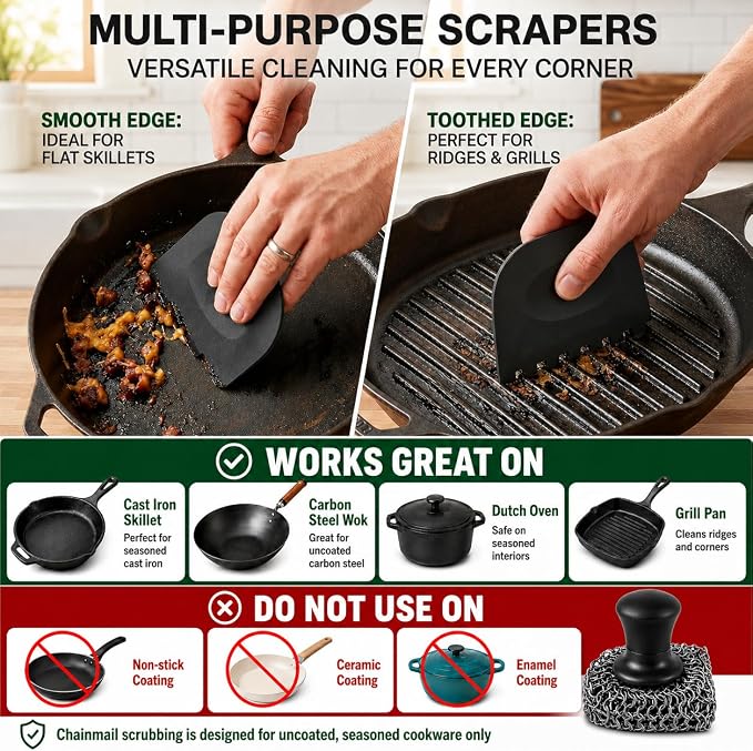 Cast Iron Scrubber and Scraper | 316 Chainmail Scrubber for Cast Iron Pan | Chain Mail Scrubber for Cast Iron Skillet Cleaner | Dishes Pots Wok Griddle Grill | Black + Red 1