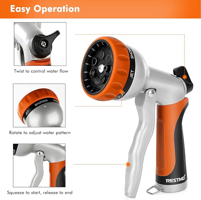 RESTMO Garden Hose Nozzle, Heavy Duty Metal Hose Wand with 7 Adjustable Spray Patterns, High Pressure Hand Sprayer with Flow Control, Best for Watering Plants & Lawns, Washing Cars & Pets