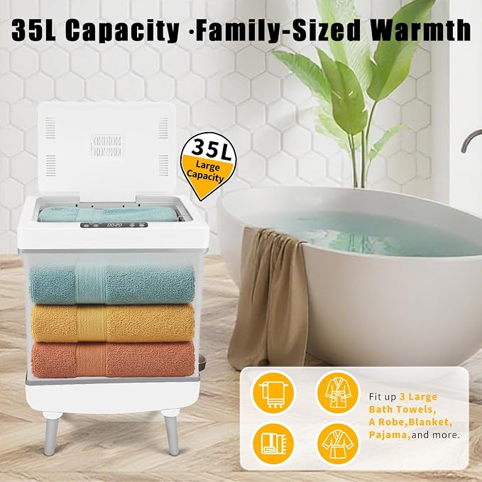 Foldable Towel Warmer & Dryer Bucket, 35L Electric Hot Towel Cabinet for Bathroom, Spa, Salon with Dual Modes (Heat/Dry), Patented Airflow Tech, Delay Start &