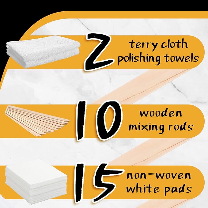 Oudain 27 Pieces Wood Wax Applicator, Includes 15 White Non-Woven Pads 2 Terry Cloth Buffing Towels and 10 Stirring Sticks for Polishing Cutting Board and Multi Purpose Use in Home