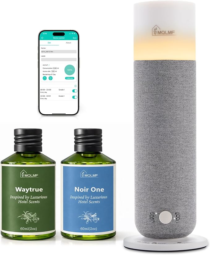 Hotel Collection Diffuser Machine,Fabric-Wrapped Design,Candlelight Atmosphere Lamp,1000 Sq Ft,Waterless Essential Oil Diffuser,Scent Air Machine for Home,Includes 2 x 60ml (2 oz) Oils - Gray