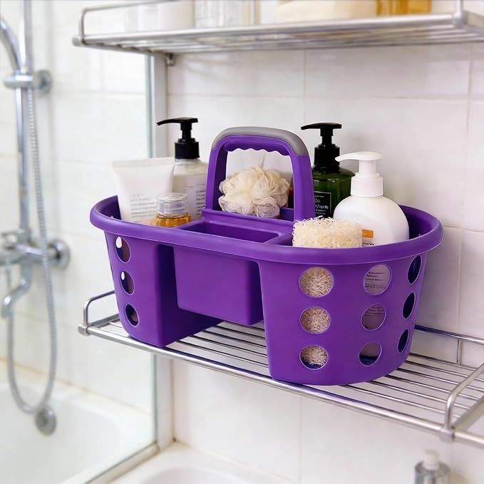 SIMPLYKLEEN Large Shower Caddy Portable 2PC - Made in USA Plastic Jumbo Size Dorm Storage Candy Tote with Handle Shower Organizer for Bathroom, Pantry, Kitchen, College Dorm, Orange/Purple