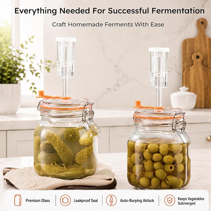 1L Wide Mouth Fermentation Jars, Pack of 2 Complete Fermenting Kit with Airlocks & Glass Weights for Sauerkraut, Kimchi & Pickles