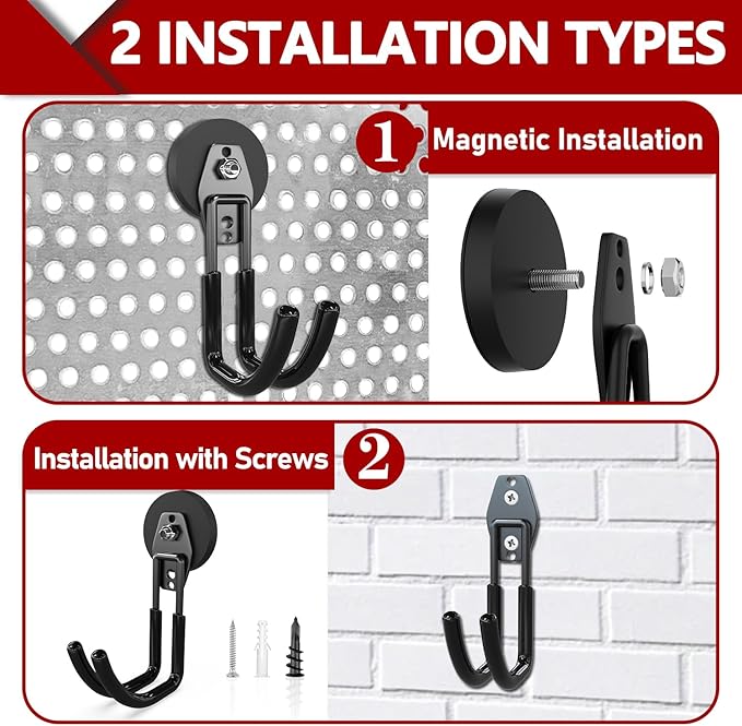 3-H Extra Strong Magnetic Hooks,Heavy Duty Large Anti-Slip Magnet Hooks J Shape,No-Drill Tool Holder for Garage,Power Drill,Garden Tools,Hose Storage,2 Pack Black