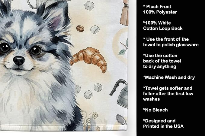 Caroline's Treasures Blue Merle Pomeranian Coffee Bar Kitchen Towel Velour Plush Front and Cotton Loop Back Machine Washable