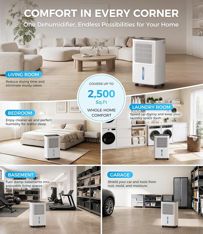 VEAGASO 2,500 Sq.Ft Dehumidifier for Basement with Drain Hose, Max 36 Pints Dehumidifiers for Home, Bedroom, Bathroom & Garage, 40dB Quiet, 3 Modes, 0.53 Gal Tank, 24H Timer & Child Lock