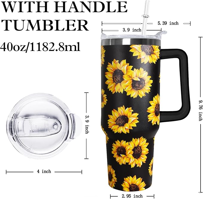 Ceovfoi Sunflower 40 oz Insulated Stainless Steel Tumbler with Handle and Straw