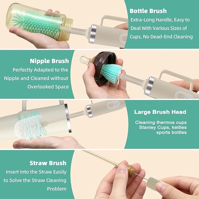 5 in 1 Electric Bottle Brush Cleaner Compatible Stanley Bottle Brush Straw Cleaner Multifunction Rechargeable IPX6 Waterproof Extra Long Design for Stanley Cup, Sports Bottle and More (Beige)