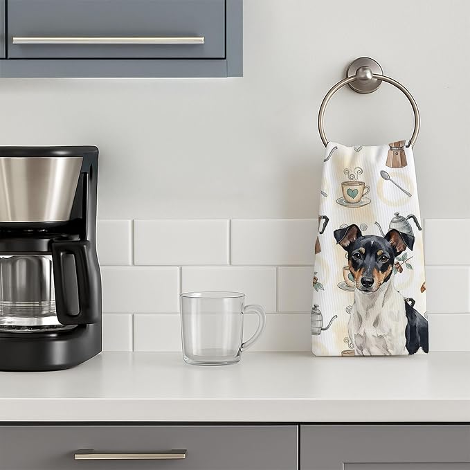 Caroline's Treasures Black and White Rat Terrier Coffee Bar Kitchen Towel Velour Plush Front and Cotton Loop Back Machine Washable